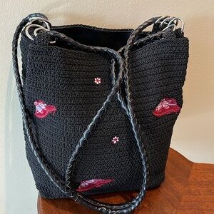 Crocheted bag  black / red velvet hat /white lt. Blue Red flower appliqué 3 comp